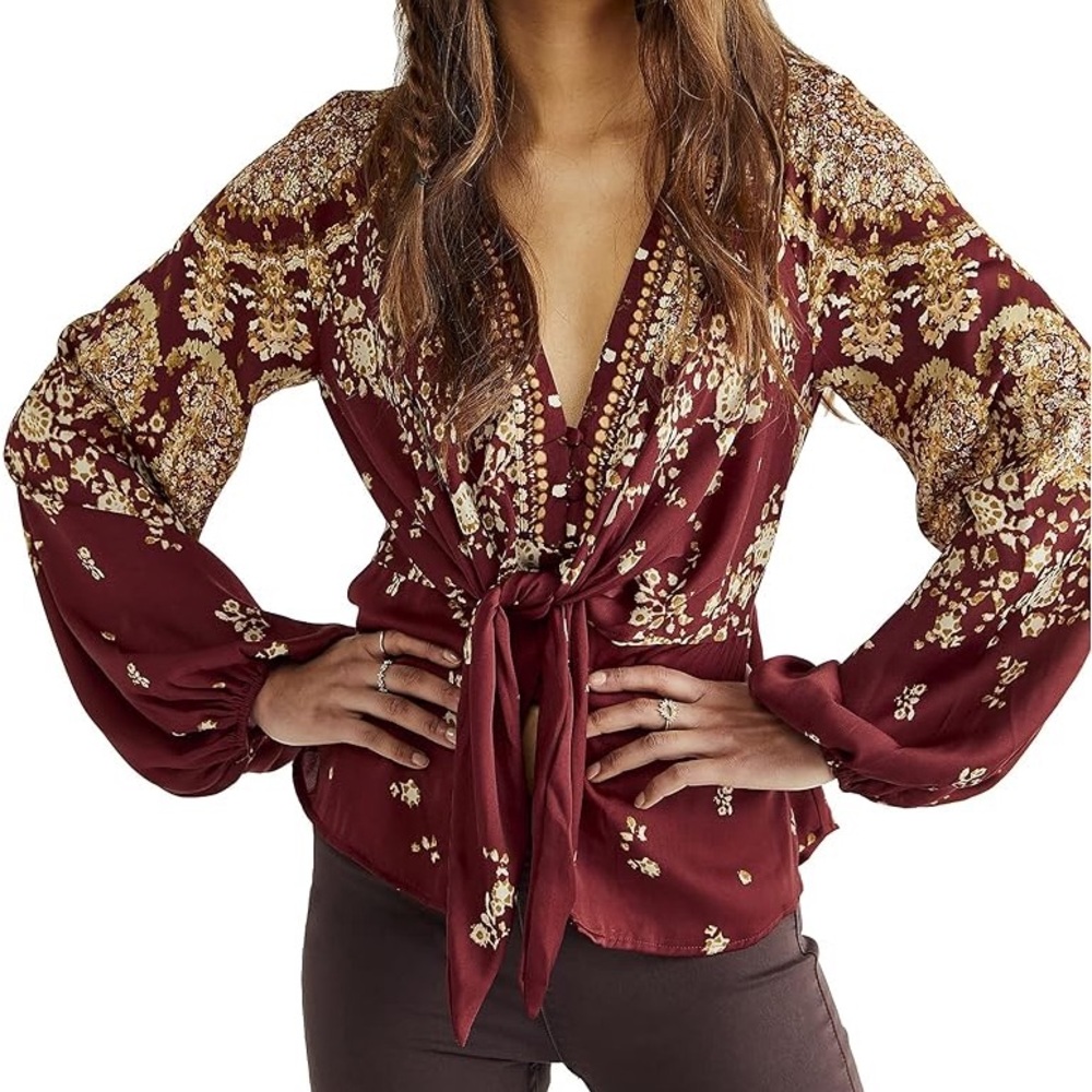 Sexy  Run Free Long Sleeve Top in Chocolate & red Floral print  sz M